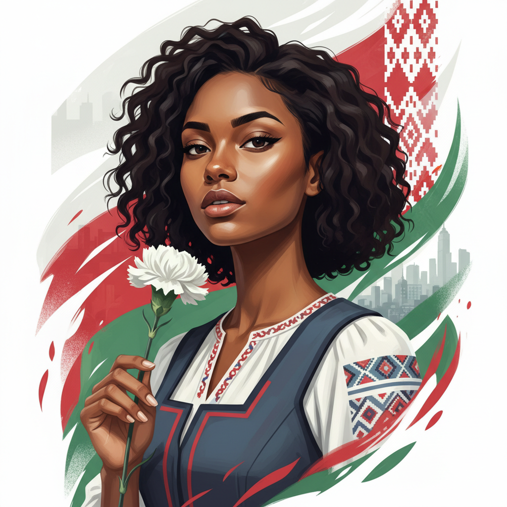 Portrait of a young Afro-Belarusian female activist, confident expression, holding a white flower, digital painting style