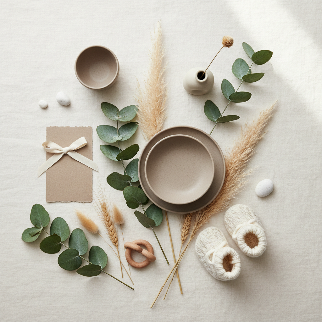 Aesthetic flat lay moodboard for baby shower, cream linen, eucalyptus green leaves, taupe ceramics, dried grass, minimal style