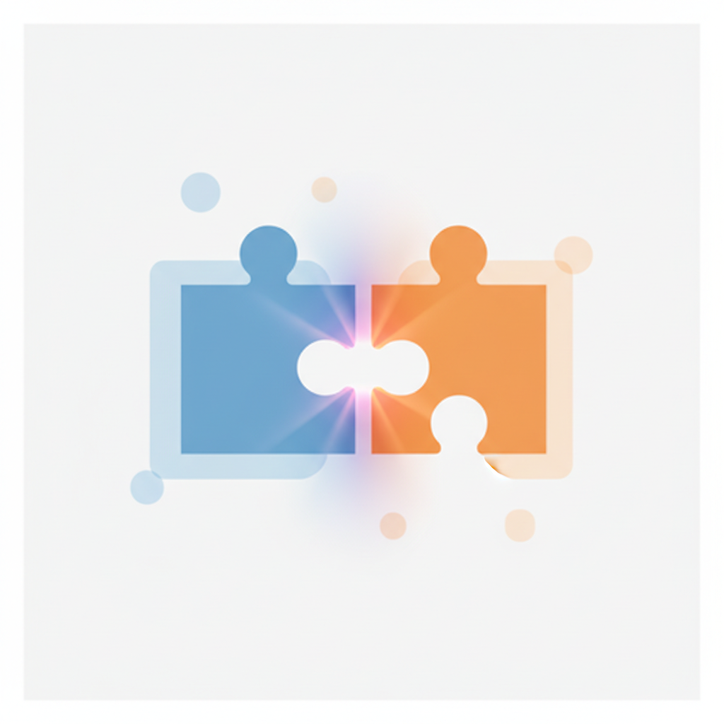 Abstract digital illustration of two puzzle pieces connecting seamlessly, symbolizing conflict resolution and cooperation, soft blue and orange colors, modern minimalist vector style