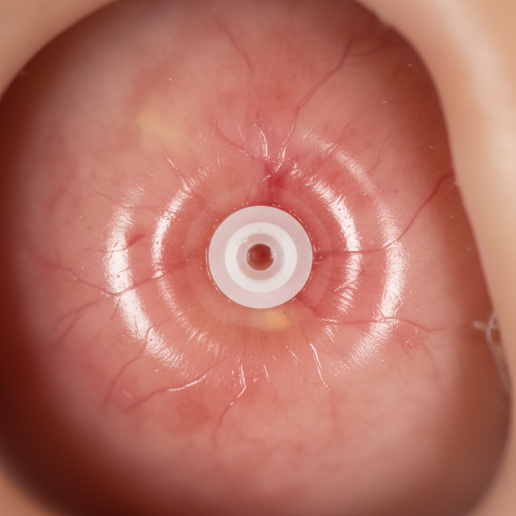 Close up photo of a tiny ear ventilation tube (grommet) inserted in an eardrum