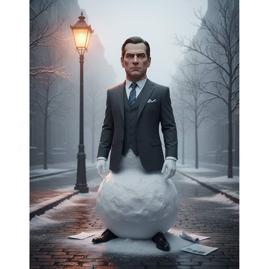 A snowman wearing a full business suit and a realistic human mask standing under a streetlight at night, eerie and funny