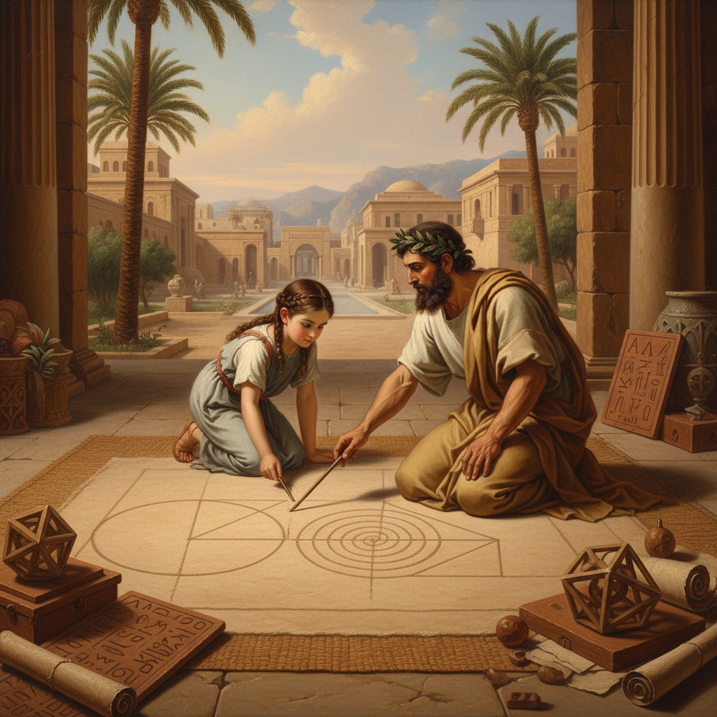 Father teaching daughter mathematics in ancient Alexandria using geometric shapes and sand drawings, realistic classical art