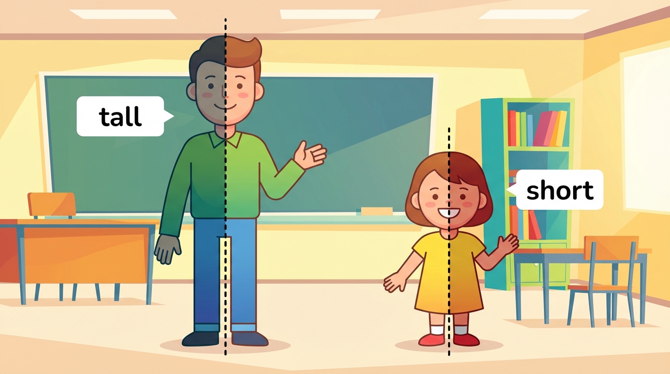 side by side comparison, left side huge tall cartoon giant person cut in half at waist, right side tiny short cartoon person cut in half at waist, dashed lines showing 1/2, cute funny style, vector illustration