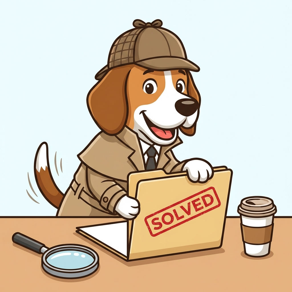 Detective dog closing a file folder with a 'SOLVED' stamp, happy expression, cartoon style