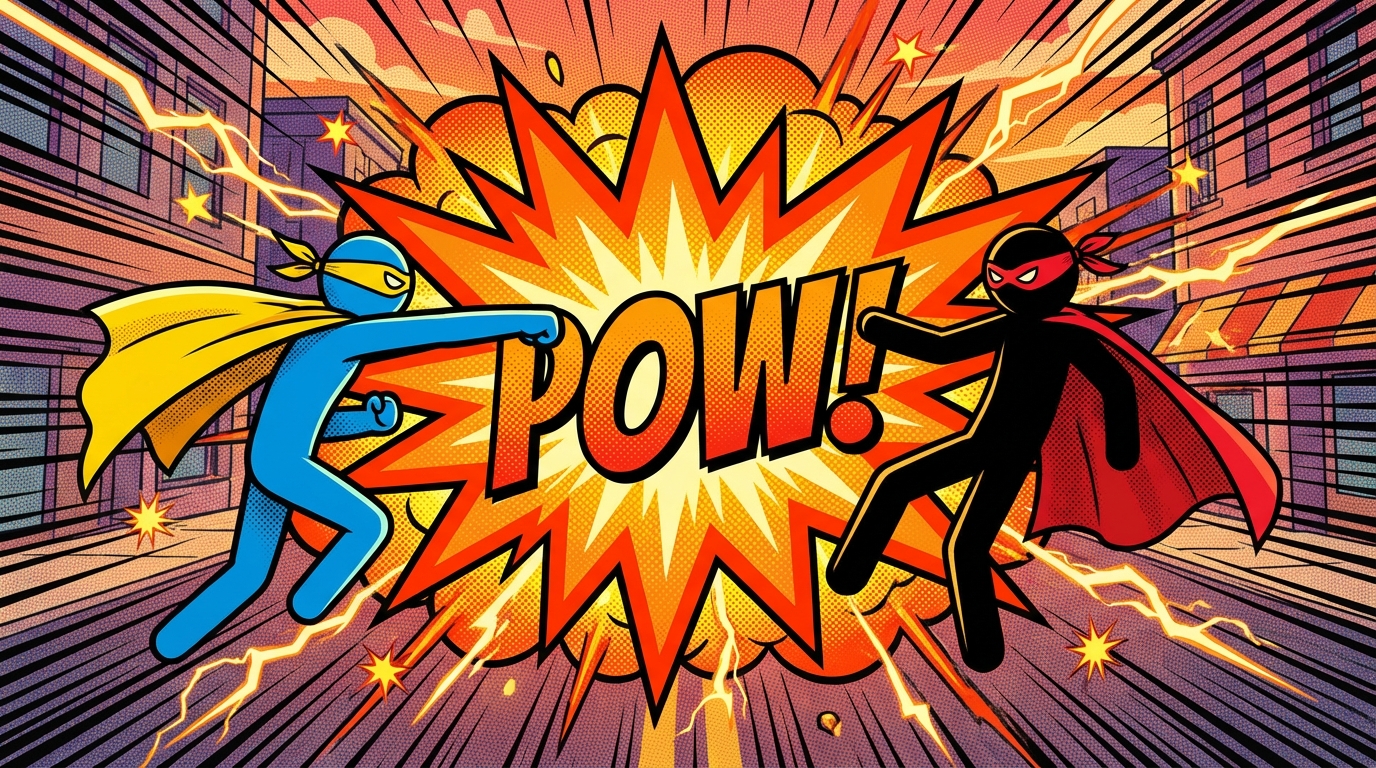 Impact frame! Hero stickman punches the Villain stickman. A large comic book style explosion graphic says 'POW!'. Bright colors.