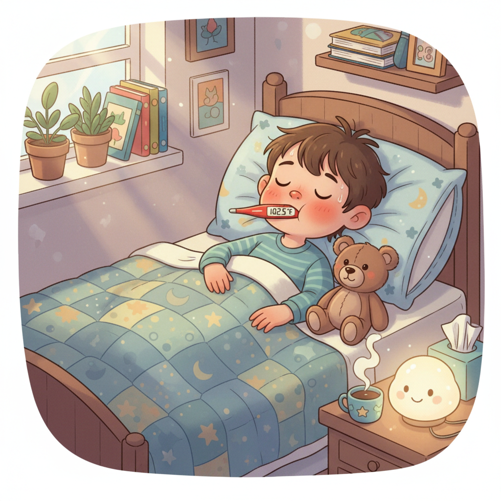 illustration of a sick child in bed with a thermometer having a fever, cozy cartoon style