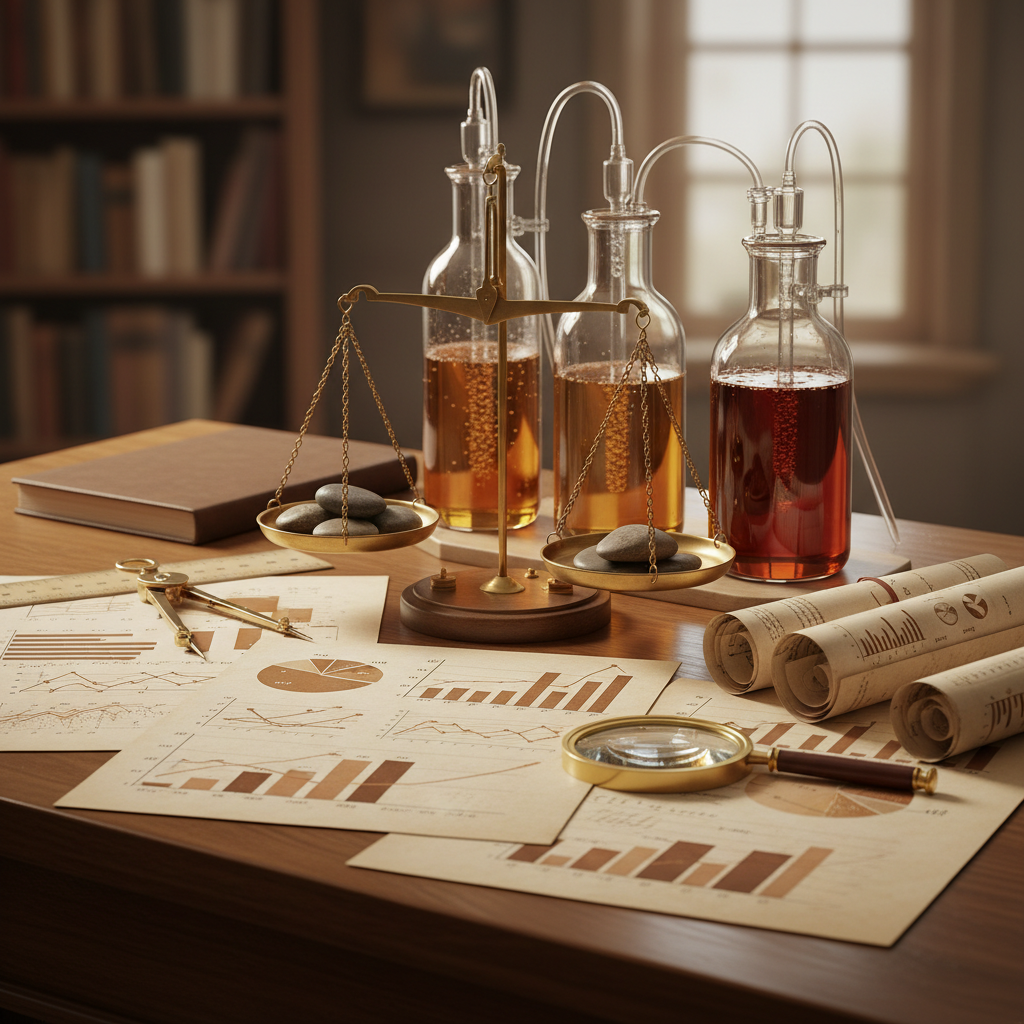 Statistical analysis concept, charts on paper, scales, brown aesthetic, clean