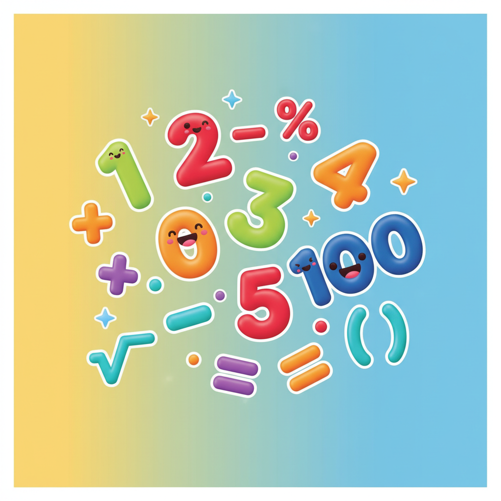 colorful 3d cartoon illustration of floating numbers and mathematical symbols with a happy vibe, educational style, bright yellow and blue background