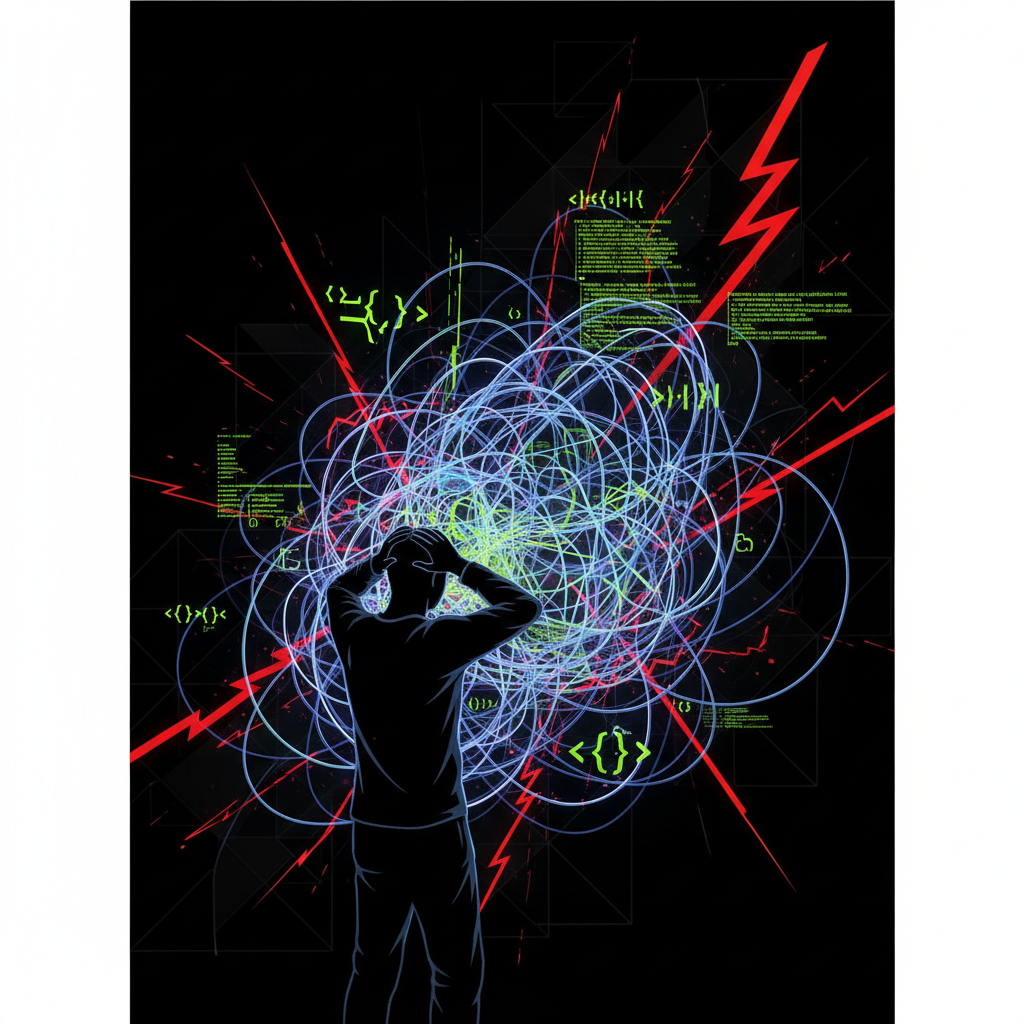 conceptual illustration of a stressed silhouette person looking at messy tangled glowing wires and code symbols, dark background with red error accents