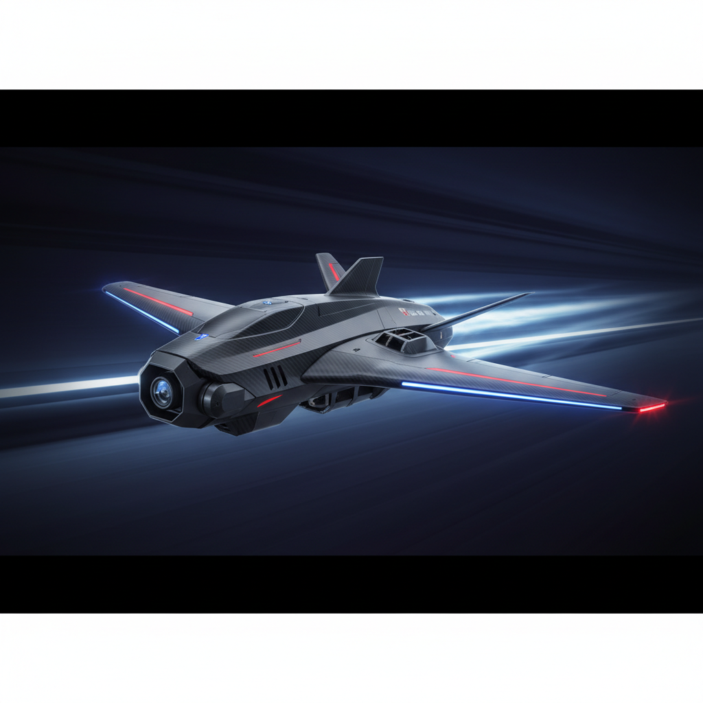 Aerodynamic high speed fixed wing fpv drone or streamlined quadcopter, aggressive design, dark background