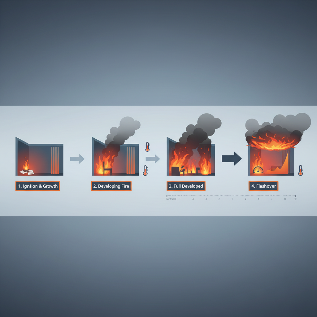 Diagram showing stages of fire development from ignition to flashover in a room