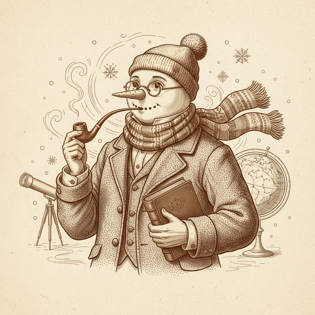 Portrait of a dignified scholar snowman wearing a tweed jacket, glasses, and holding a pipe, vintage scientific illustration style, creamy paper background