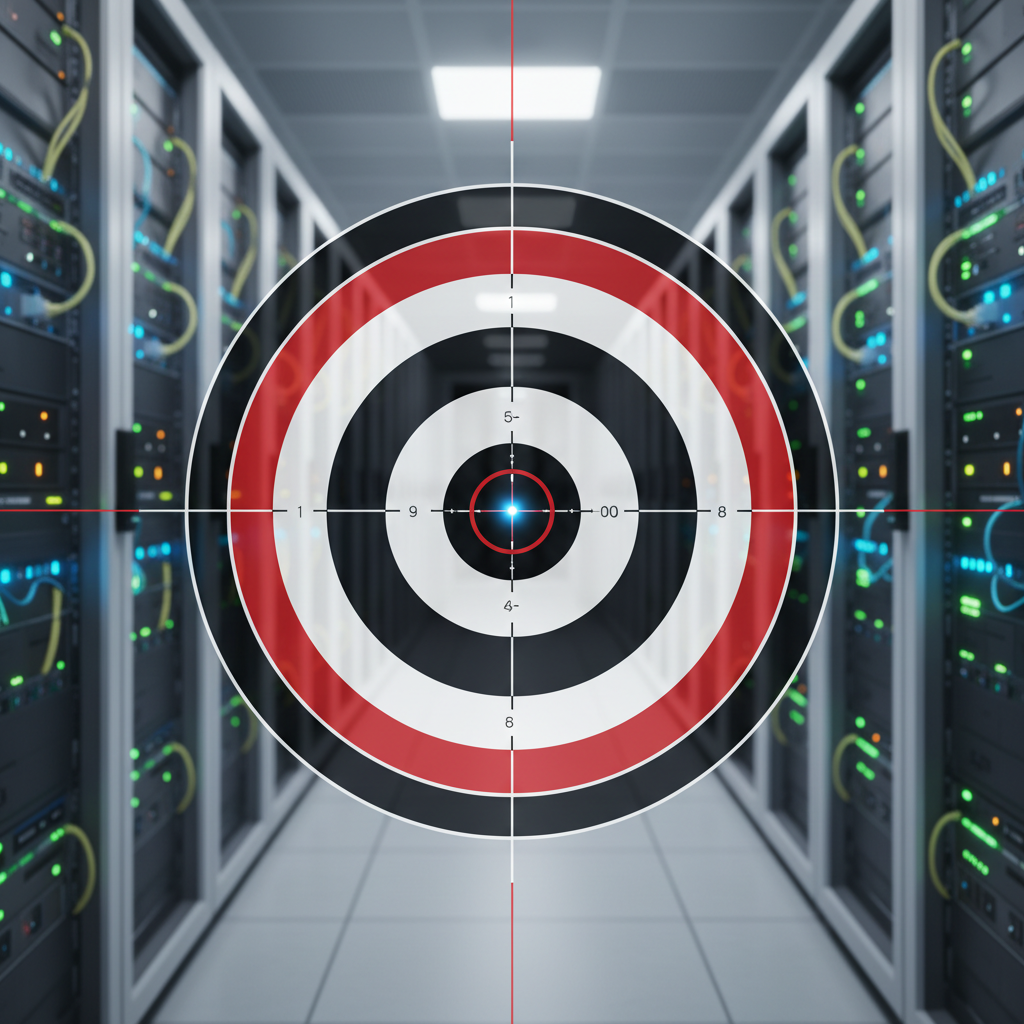 Target bulls-eye on a data center server rack background, professional corporate style