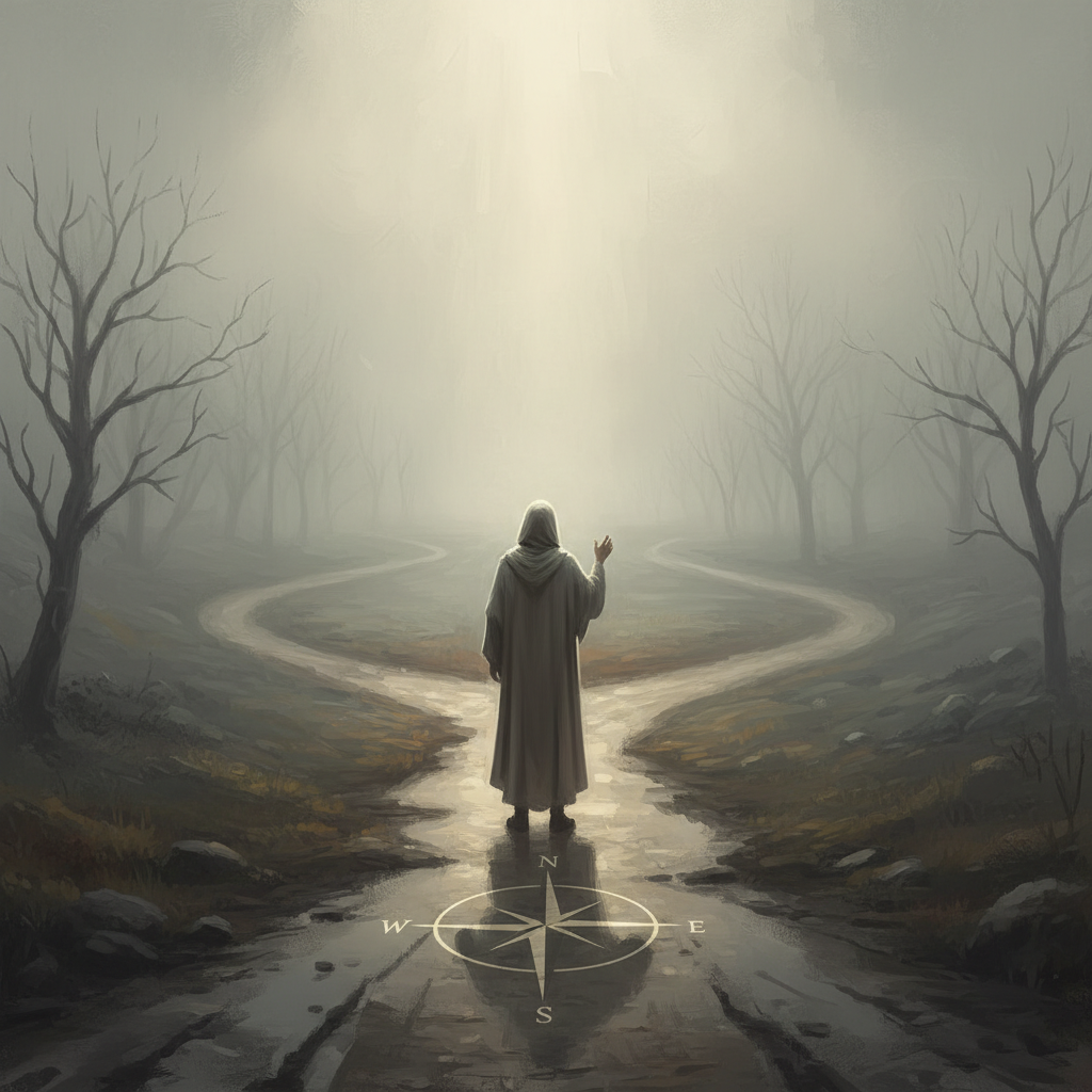 person standing at a crossroads in a foggy landscapes, contemplative mood, soft lighting, metaphorical representation of decision and uncertainty, high quality art style