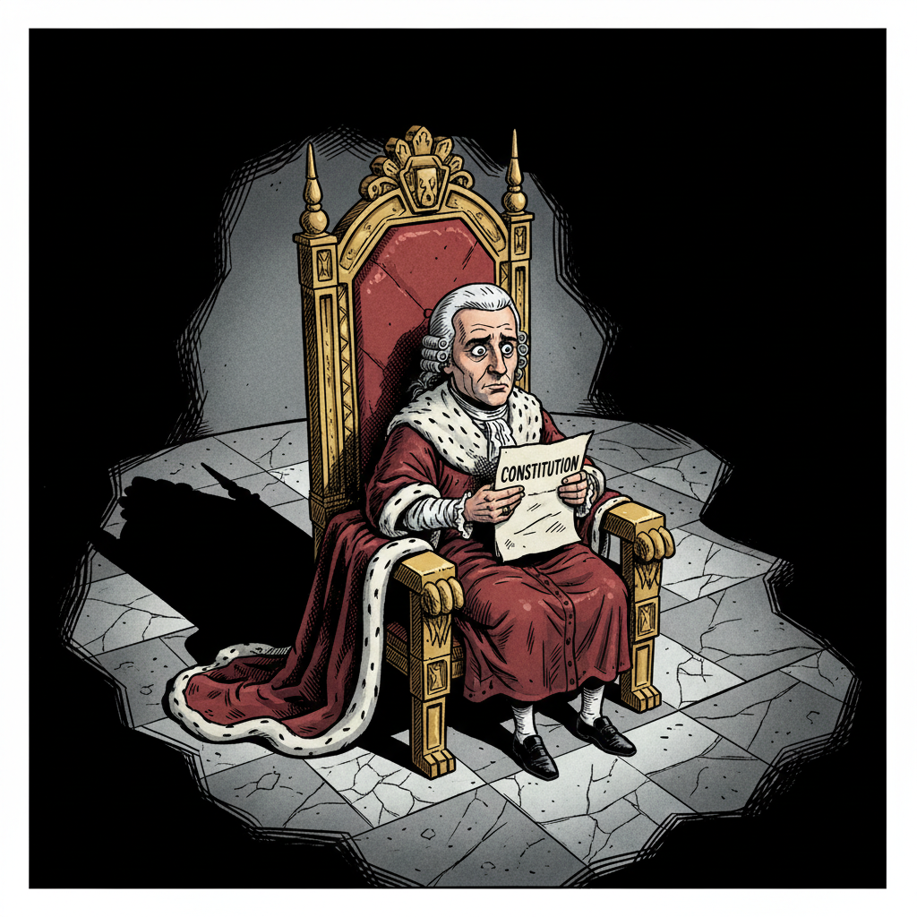 Satirical comic book style. King Louis XVI (Macron caricature) looking very small and confused sitting on his big throne. He is holding a piece of paper (Constitution). Heavy shadows around him creating a sense of isolation. Slight high angle pointing down at him.