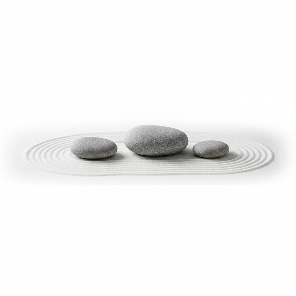 Minimalist zen garden stones, white background, focus and balance concept, high quality photography