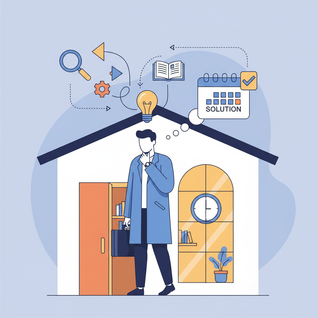 illustration of a person arriving home and checking a watch, logical deduction concept, flat style