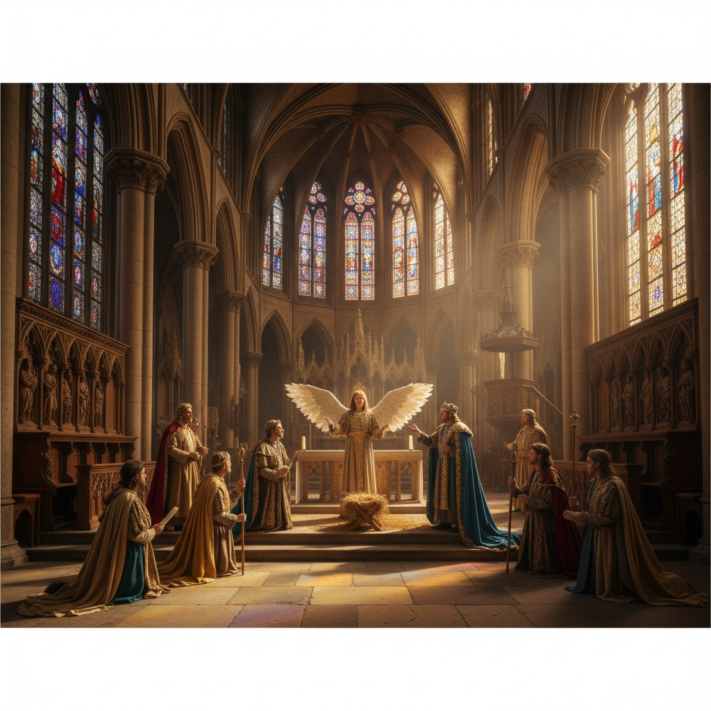 Medieval cathedral interior, actors dressed as angels and biblical figures performing near the altar, gothic architecture, stained glass light