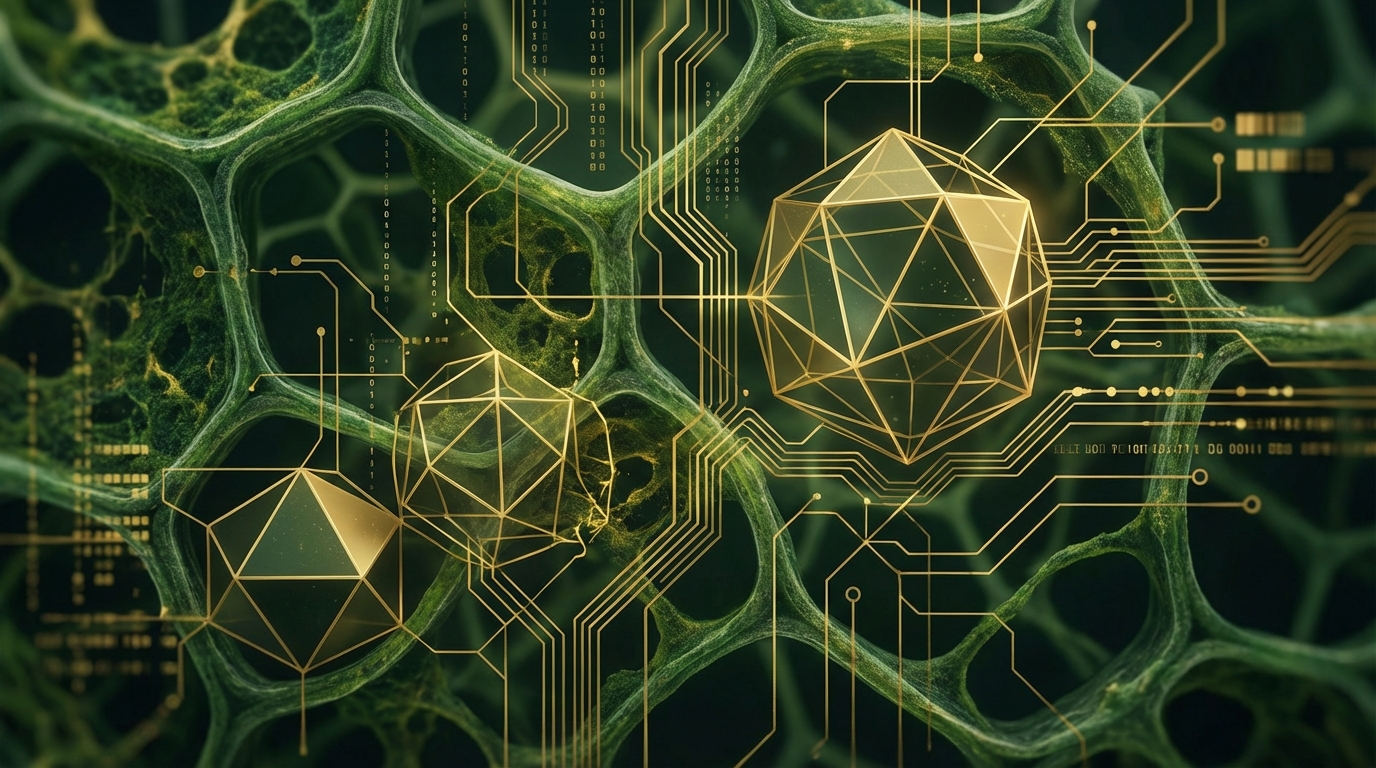Abstract microscopic view of plant cells merging with digital geometry, representing the blend of nature and systematic engineering. Dark green and gold palette.