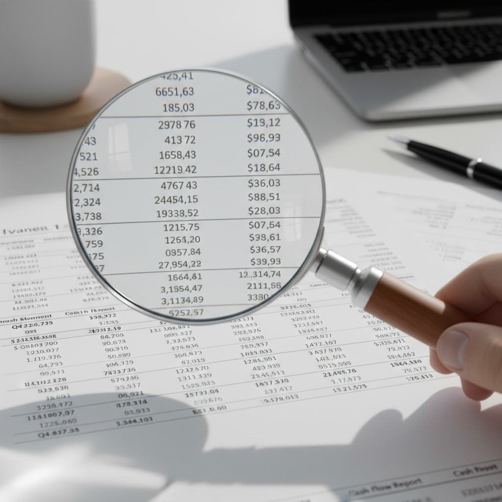 magnifying glass over financial documents, detailed view, high contrast, professional photography