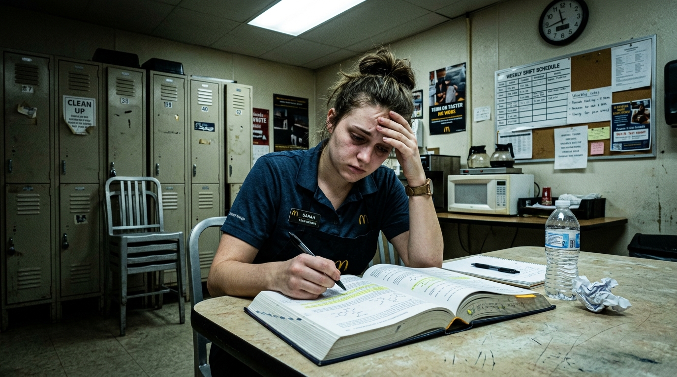 Student studying in fast food uniform