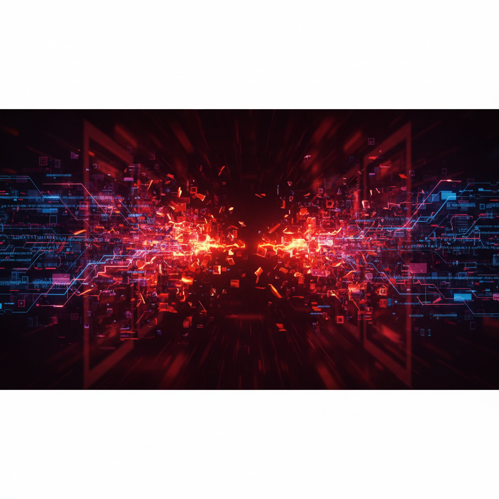 Abstract digital illustration of two data streams merging into chaos, red warning colors, technology style