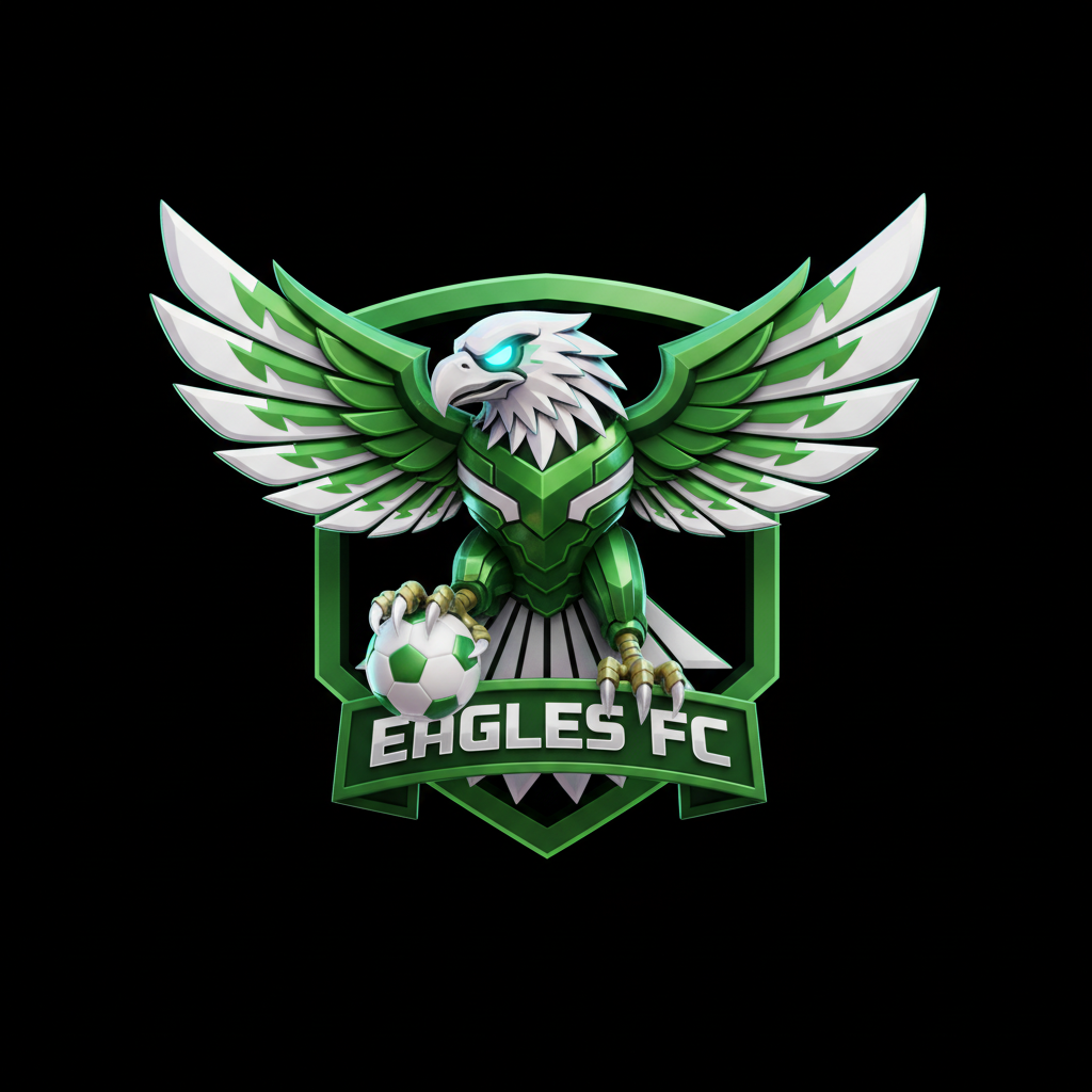 futuristic eagle mascot for soccer team, metallic green and white feathers, glowing eyes, aggressive sports logo style, 3d render