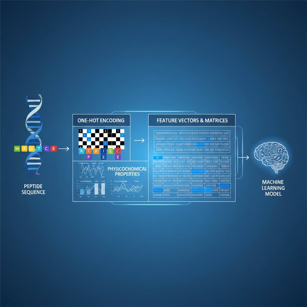 scientific diagram illustrating protein sequence feature extraction, showing a peptide sequence converted into numerical vectors and matrices, digital art style