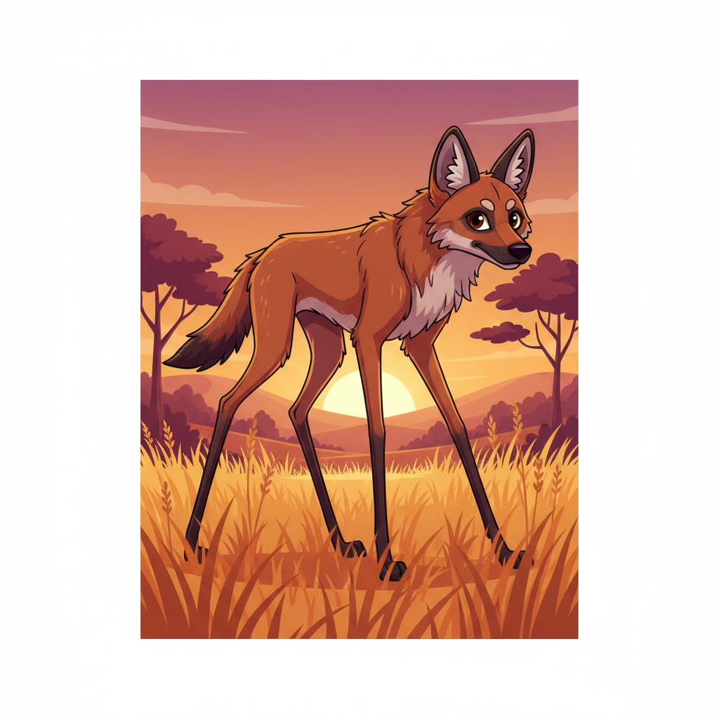 Cartoon Maned Wolf with ridiculously long legs walking through tall grass, sunset background