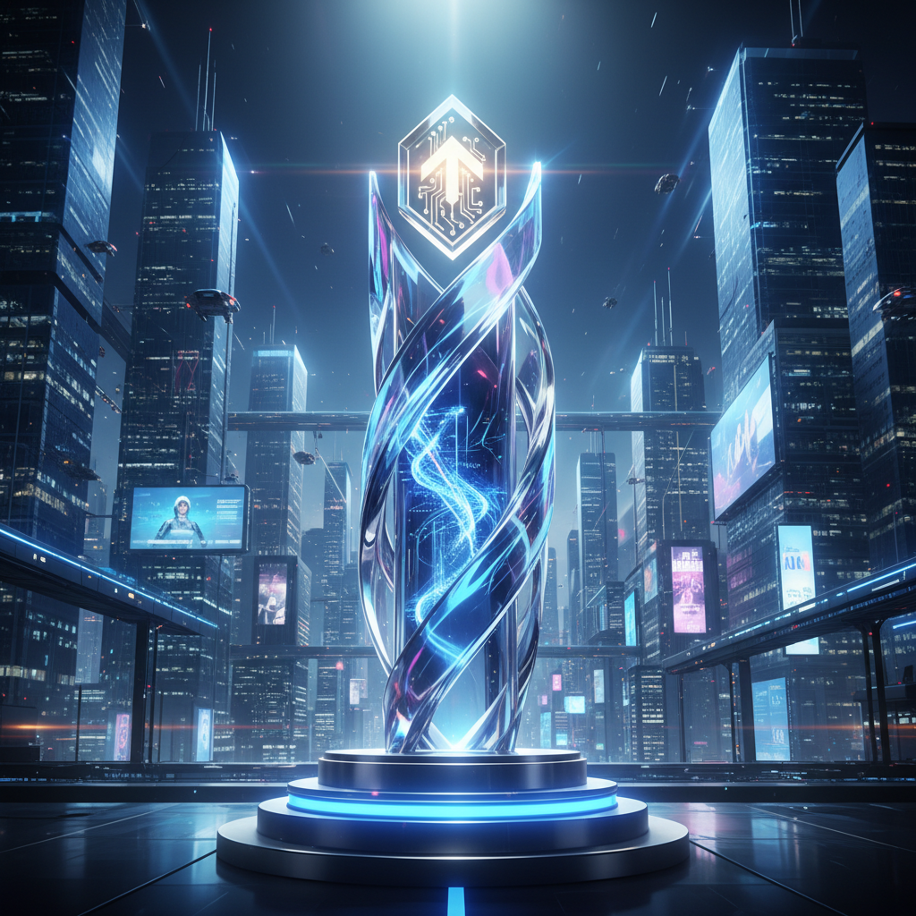 Futuristic award trophy made of glass and light on a podium, background showing a high-tech city, symbolizing innovation leadership, cinematic lighting