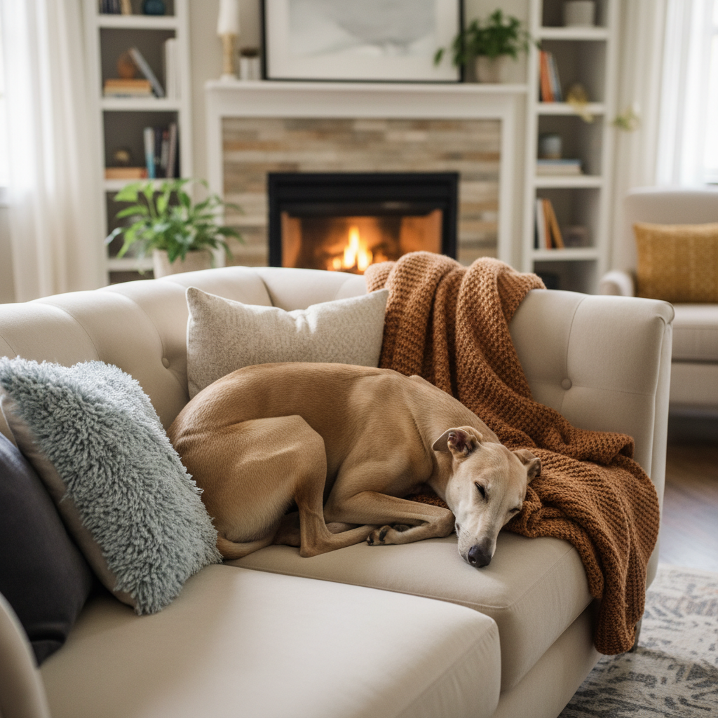 Greyhound dog sleeping on a comfortable living room sofa, cozy atmosphere