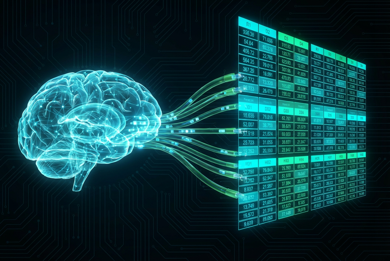 futuristic digital brain connecting to spreadsheet data cells, artificial intelligence concept, cyan and green neon colors