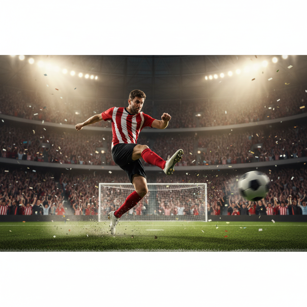 Soccer player kicking ball towards the goal net, action freeze frame, intense sports atmosphere