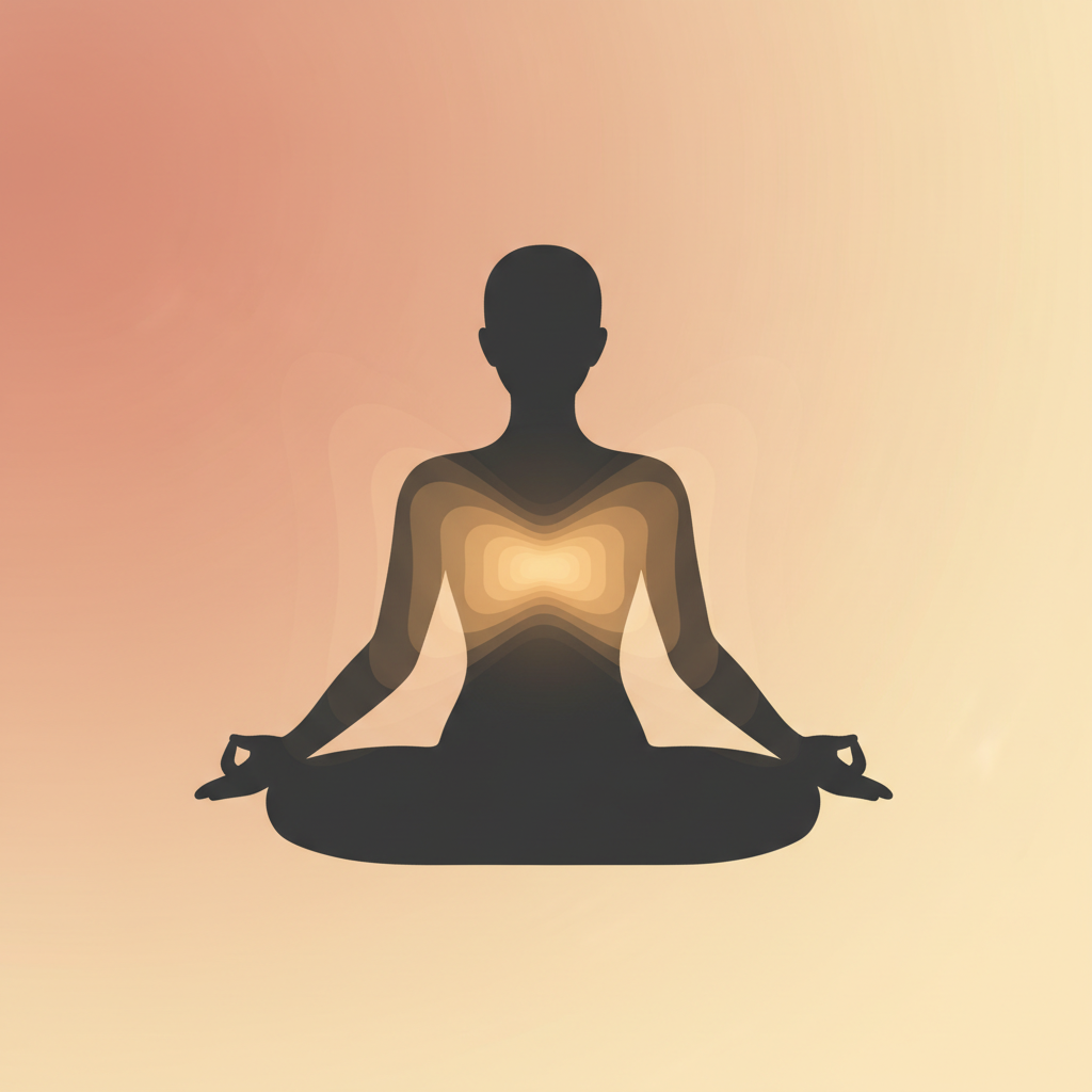 abstract minimalist silhouette of person meditating with a glowing warm light in the chest area, soft gradient background, peaceful