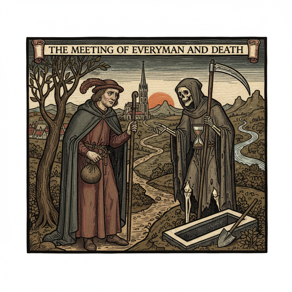 An artistic representation of 'Everyman' meeting 'Death' skeleton figure, woodcut style medieval art