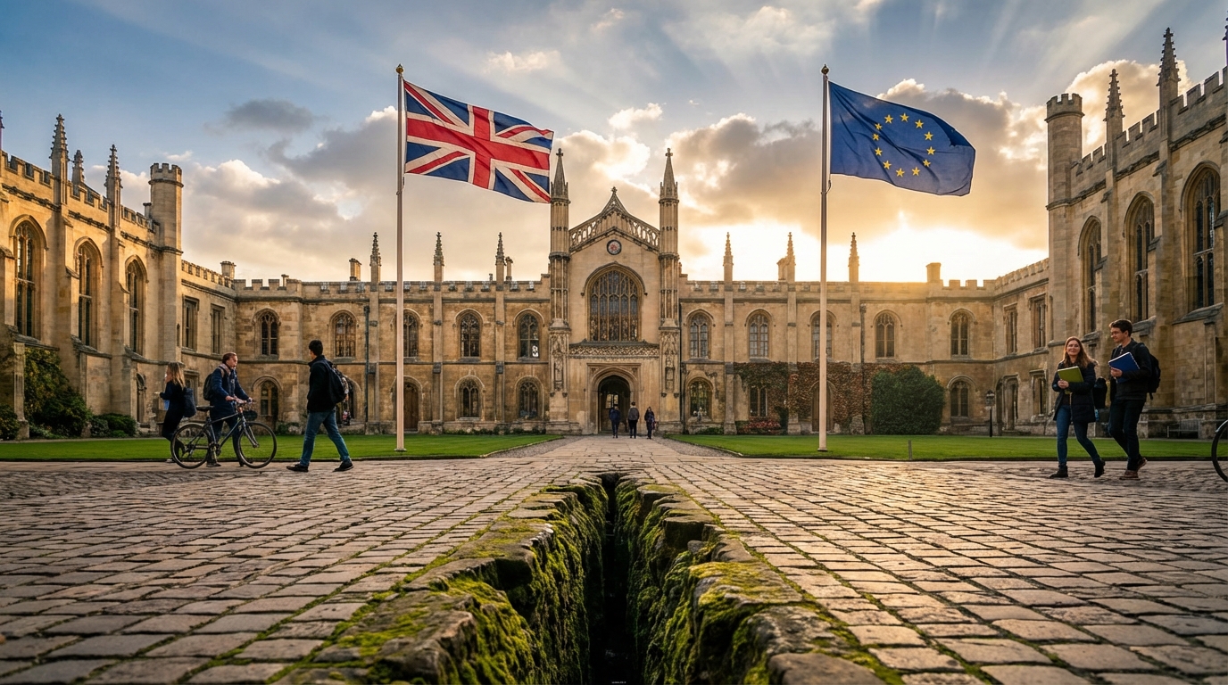 university building in Great Britain, uk flag and eu flag separated by a rift, cinematic lighting, photorealistic, academic atmosphere