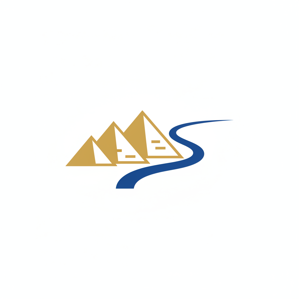minimalist flat illustration of pyramids and nile river outline gold and blue