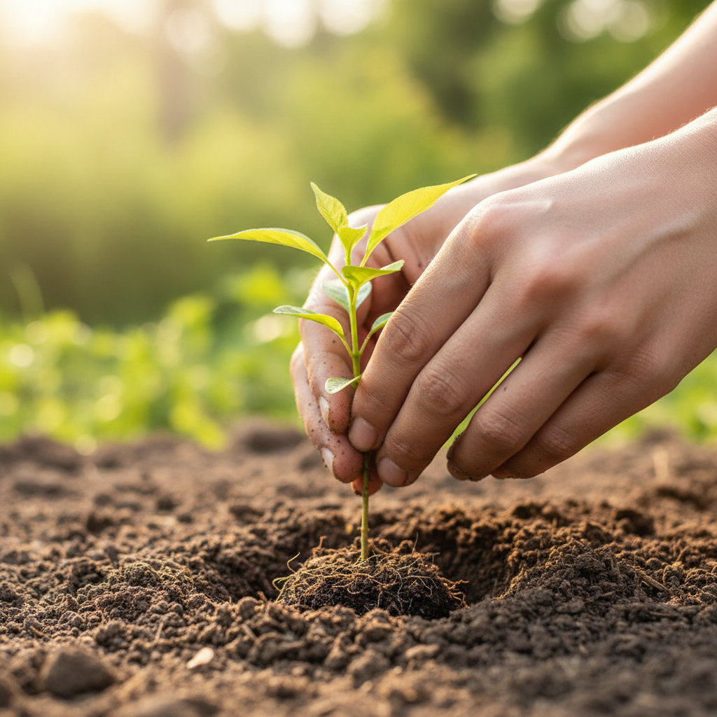 Close up hands planting a sapling tree into soil, symbol of growth, future, and sustainability, high quality macro