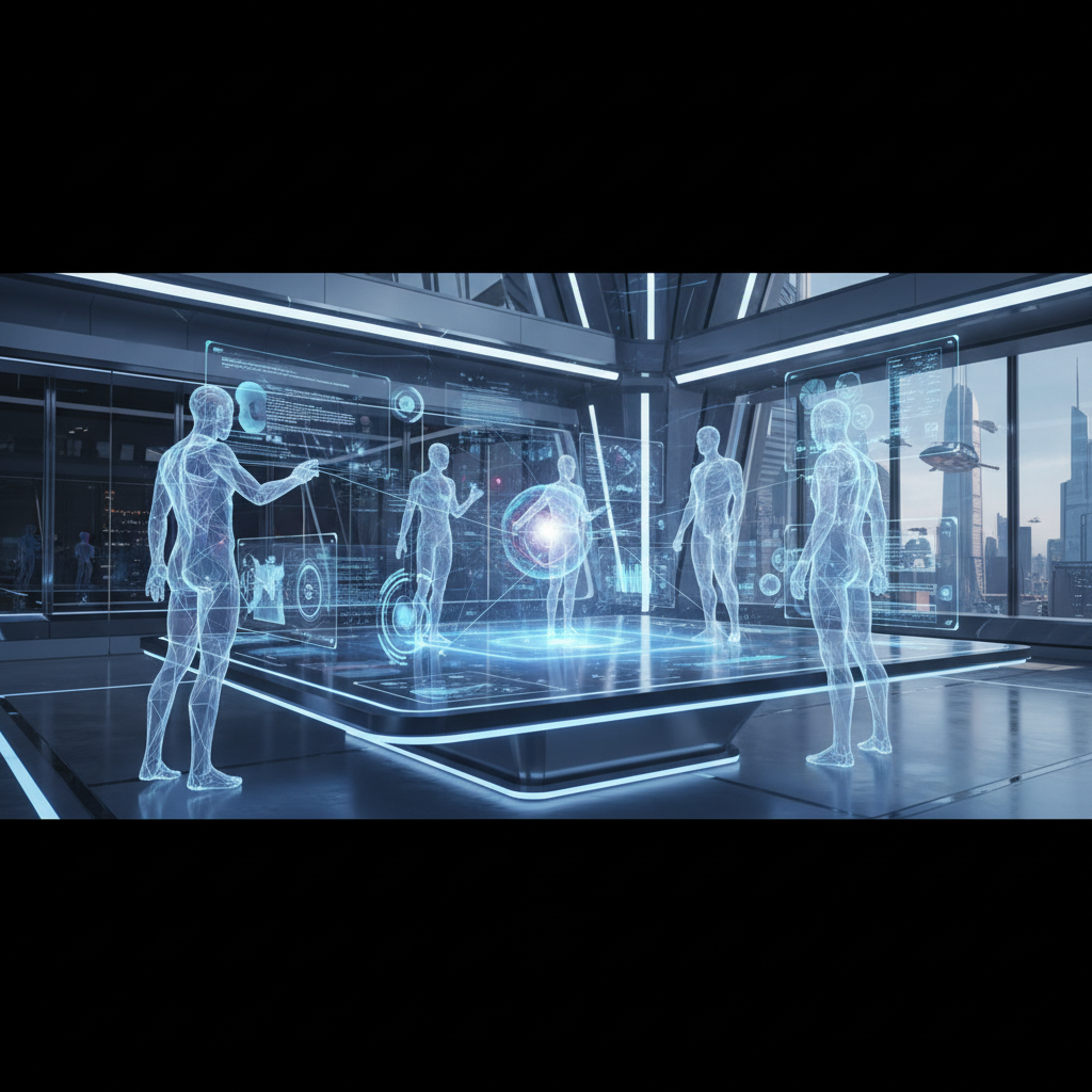 Futuristic collaborative workspace interface, holographic team members connecting, symbolizing multiplayer, elegant tech style