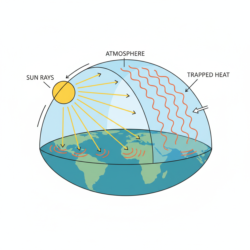 conceptual illustration of greenhouse effect, sun rays trapped by atmosphere layer, diagram style, clean, minimalist