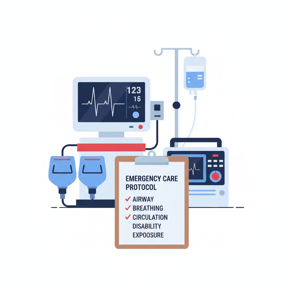 flat vector illustration of medical monitoring equipment and a checklist, emergency care context, red and blue accents