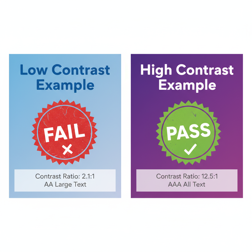UI accessibility contrast checker showing 'Fail' red stamp on a low contrast blue text, next to a 'Pass' green stamp on high contrast violet and white text