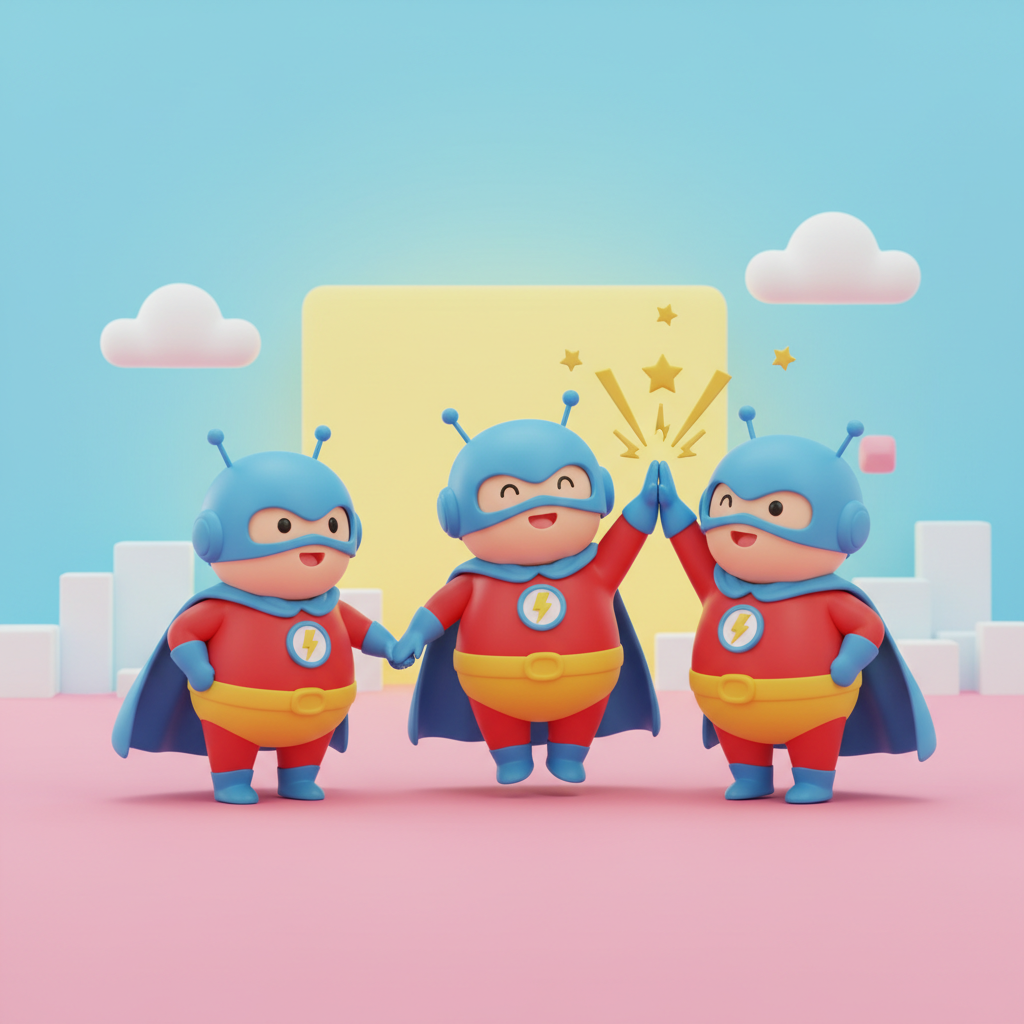 3D render of cute cartoon superheroes holding hands or high-fiving, wearing blue capes, bright and fun style
