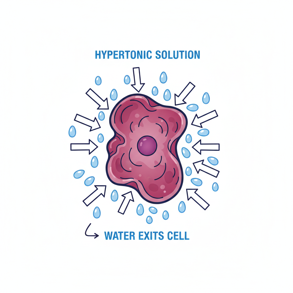 scientific diagram showing a shrunken cell in a hypertonic solution, water arrows pointing out of the cell, science textbook style