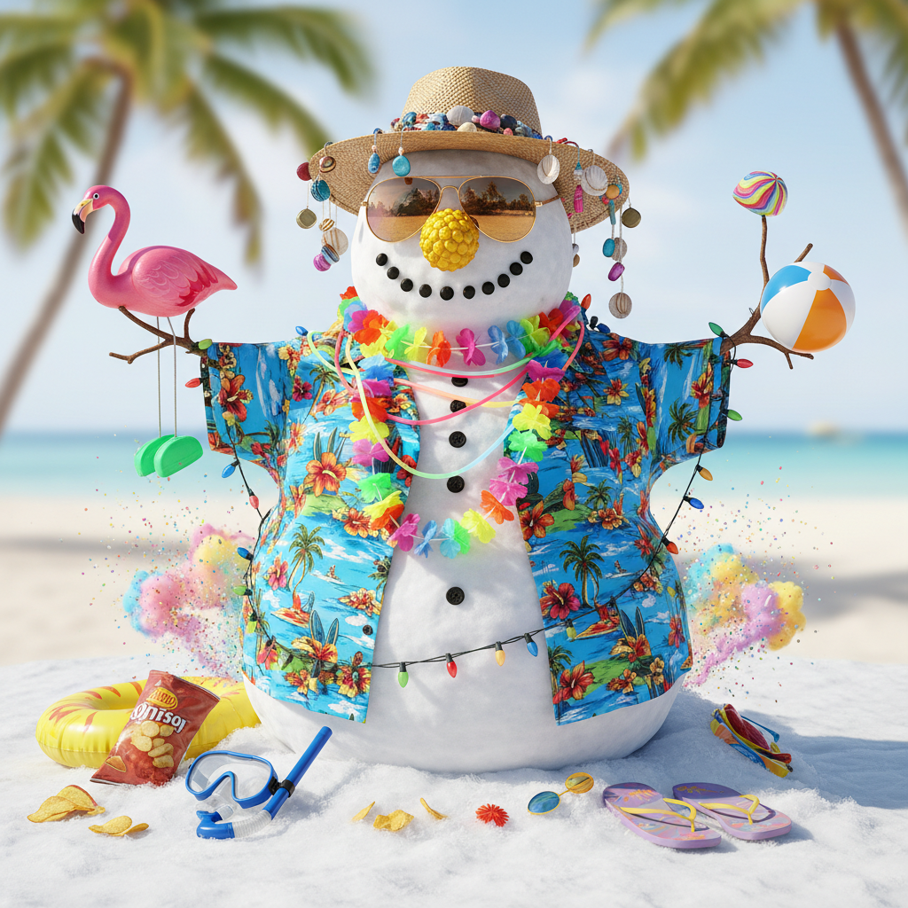 A snowman wearing way too many accessories: sunglasses, Hawaiian shirt, flamingo lawn ornament, pineapple nose, chaotic energy