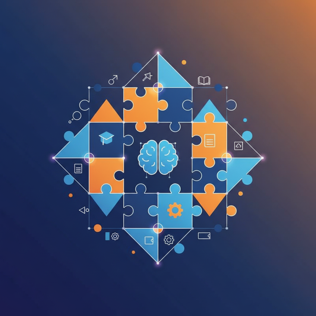 abstract geometric shapes, education, learning, puzzle pieces fitting together, blue and orange