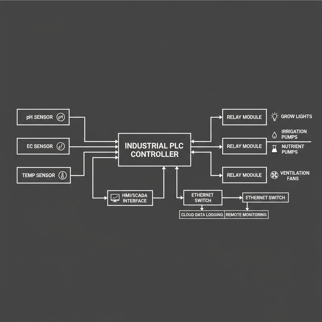 Block diagram of an industrial automation system for a greenhouse, showing PLC controller connected to sensors (pH, EC, Temp) and relays (Lights, Pumps), technical schematic style, white lines on dark background