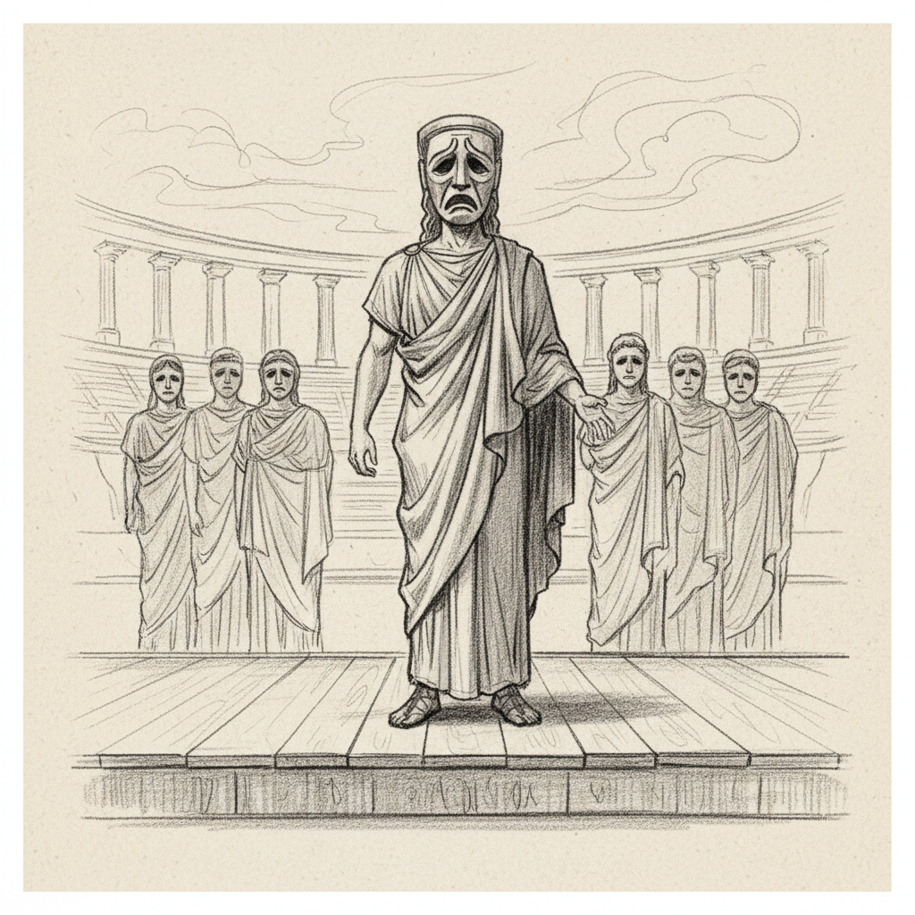 An ancient greek actor standing alone on a stage wearing a mask, separating himself from a group of chorus members in the background, sketch style