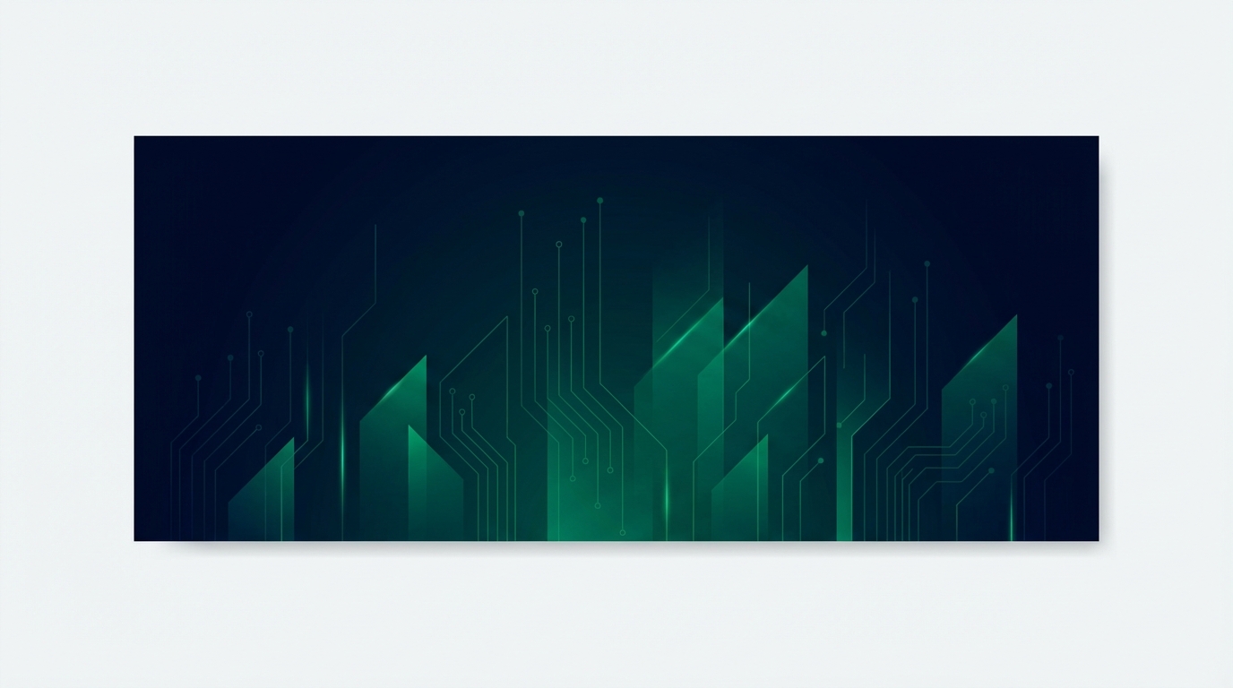 abstract minimalist digital finance background dark blue and emerald green geometric shapes rising upwards high quality 8k