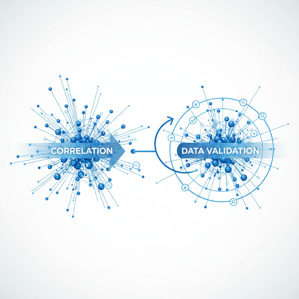 abstract concept of correlation and data validation, connected dots, scientific style, blue and white